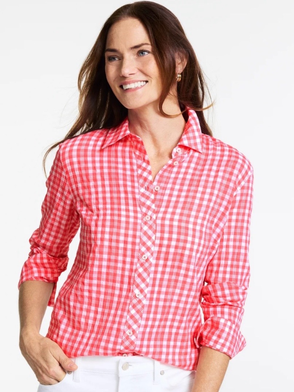 Talbots Coral/Salmon Pink Gingham Button-Down Shirt